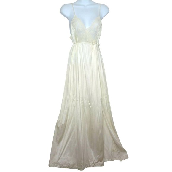 Vintage 70s Full Length Sweeping Nylon Slip Nightgown S White Lace Slit Leg Tie - Picture 3 of 12